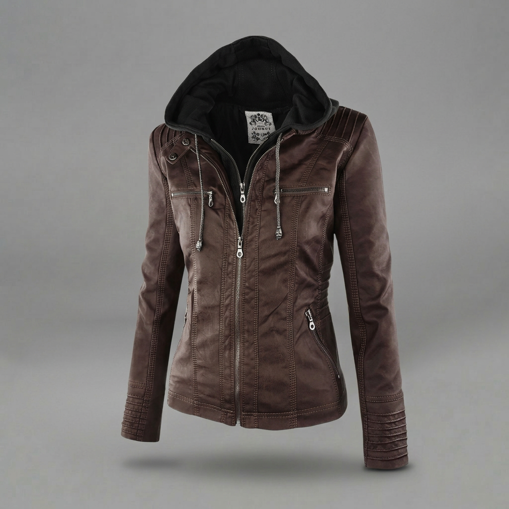 Neleena | Hooded Zipper Leather Look Jacket