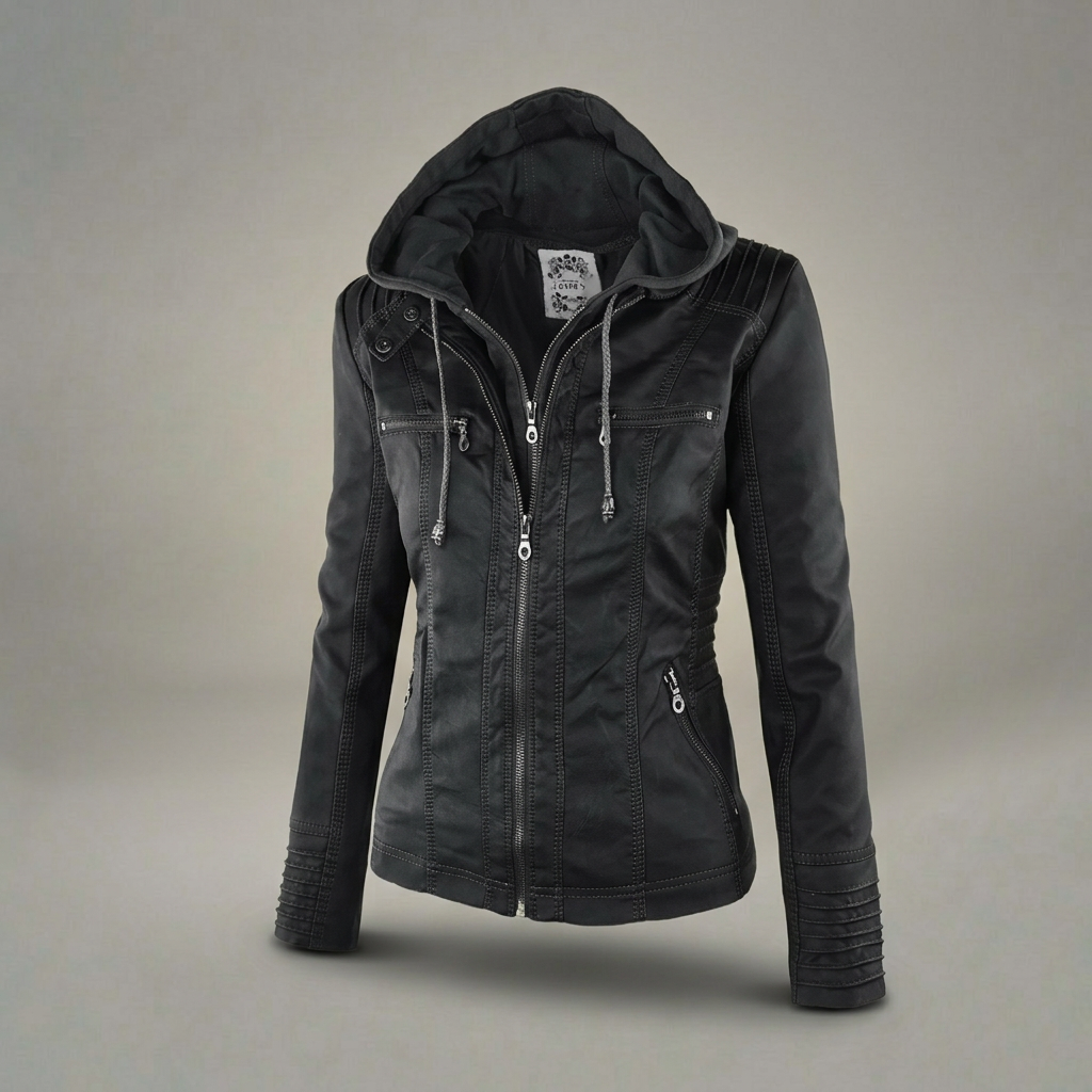 Neleena | Hooded Zipper Leather Look Jacket