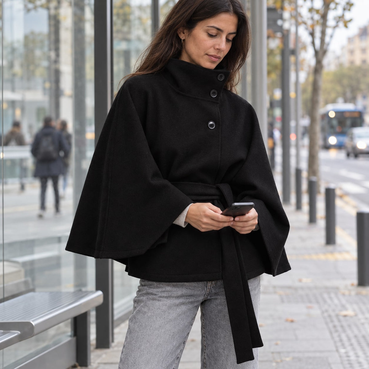 Solariedge | Cape Coat with High Collar and Belt