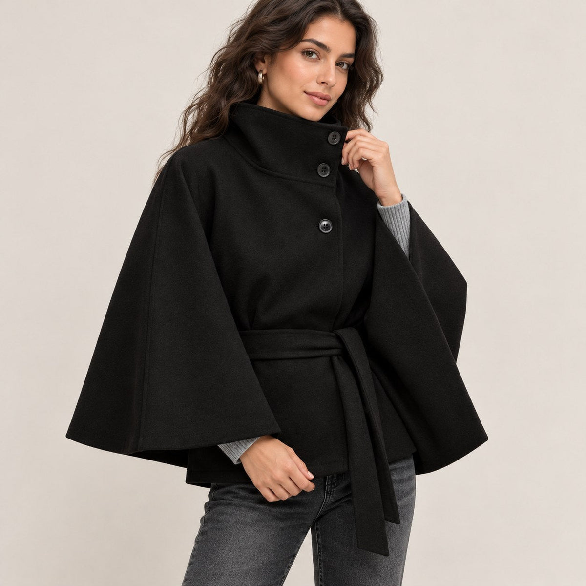 Solariedge | Cape Coat with High Collar and Belt