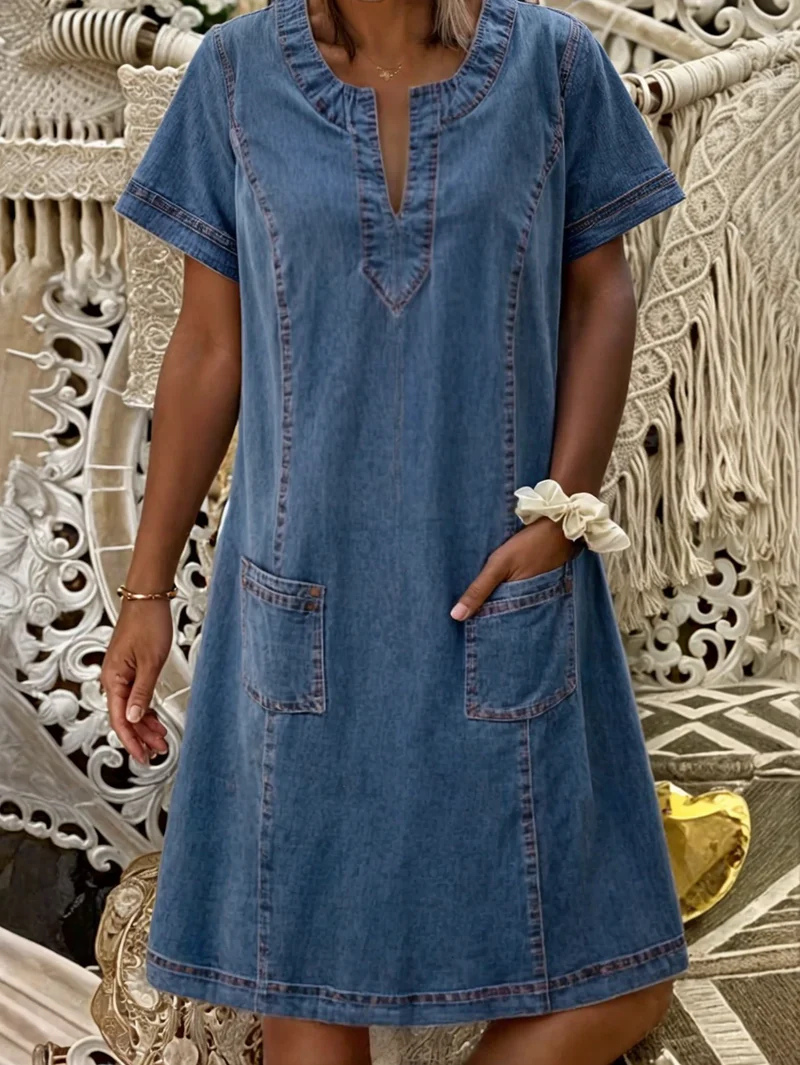 Polixeni | Denim Short Sleeve Pocket Dress