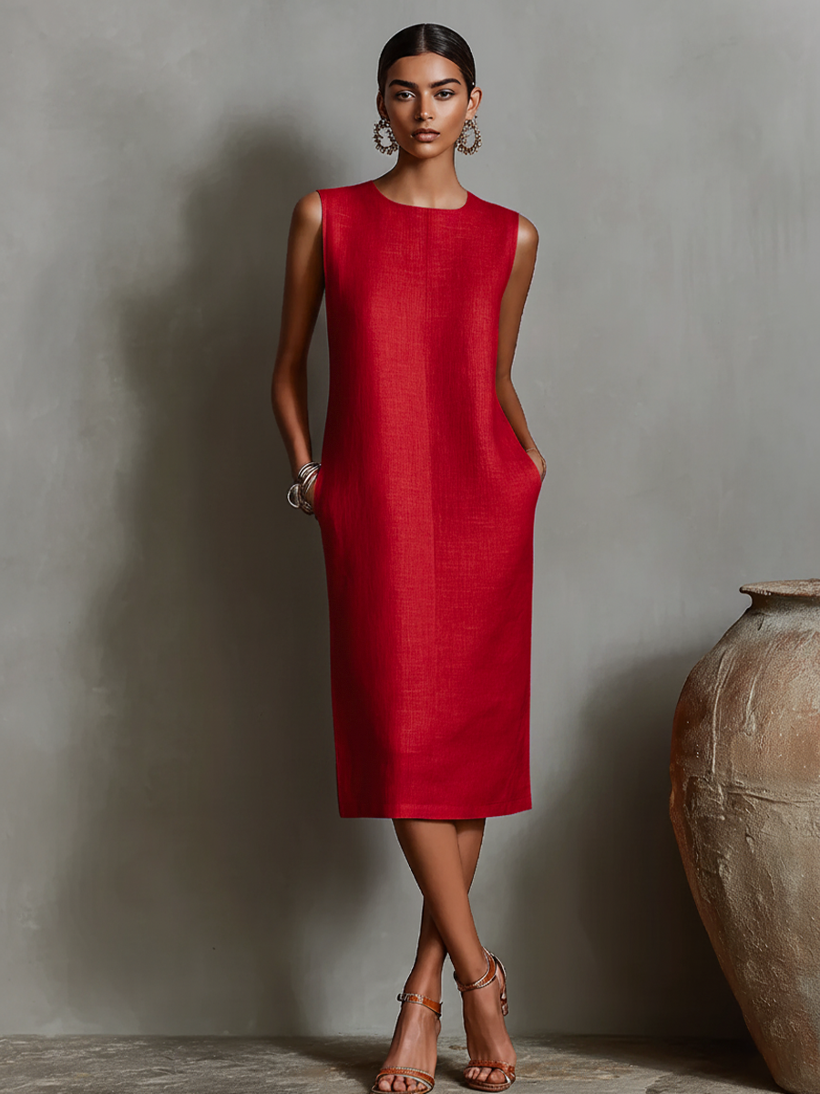 Katalina | Sleeveless Crew Neck Midi Pocket Dress