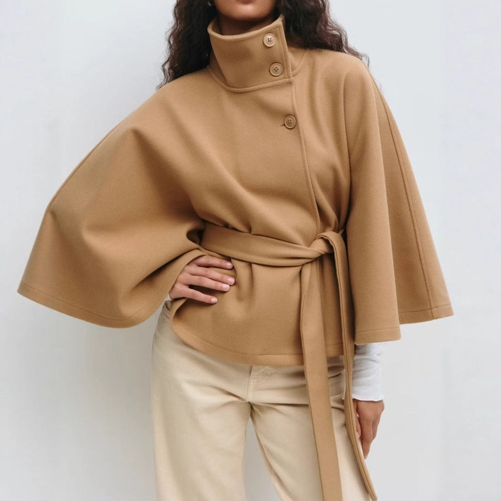 Araceli | Cape Jacket High Neck Belted Button Front