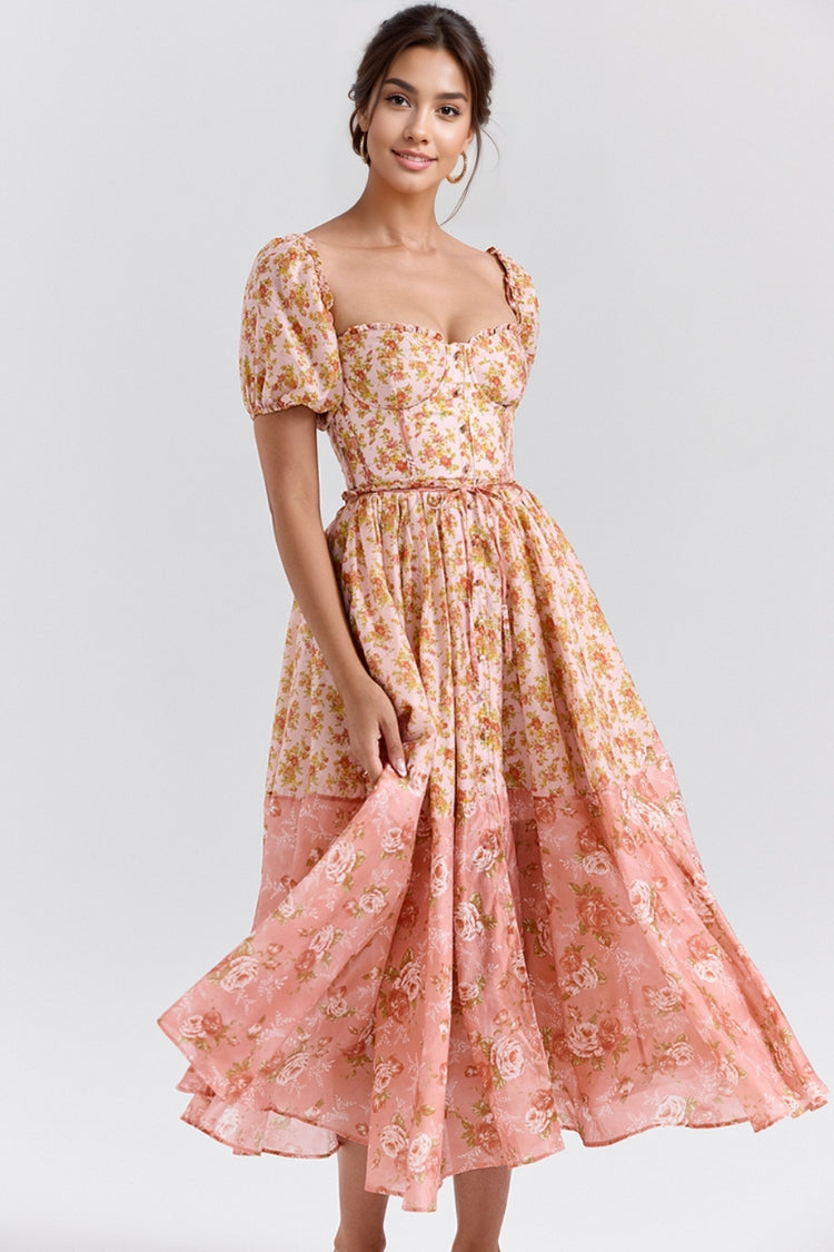Mellie | Floral Puff Sleeve Sweetheart Midi Dress