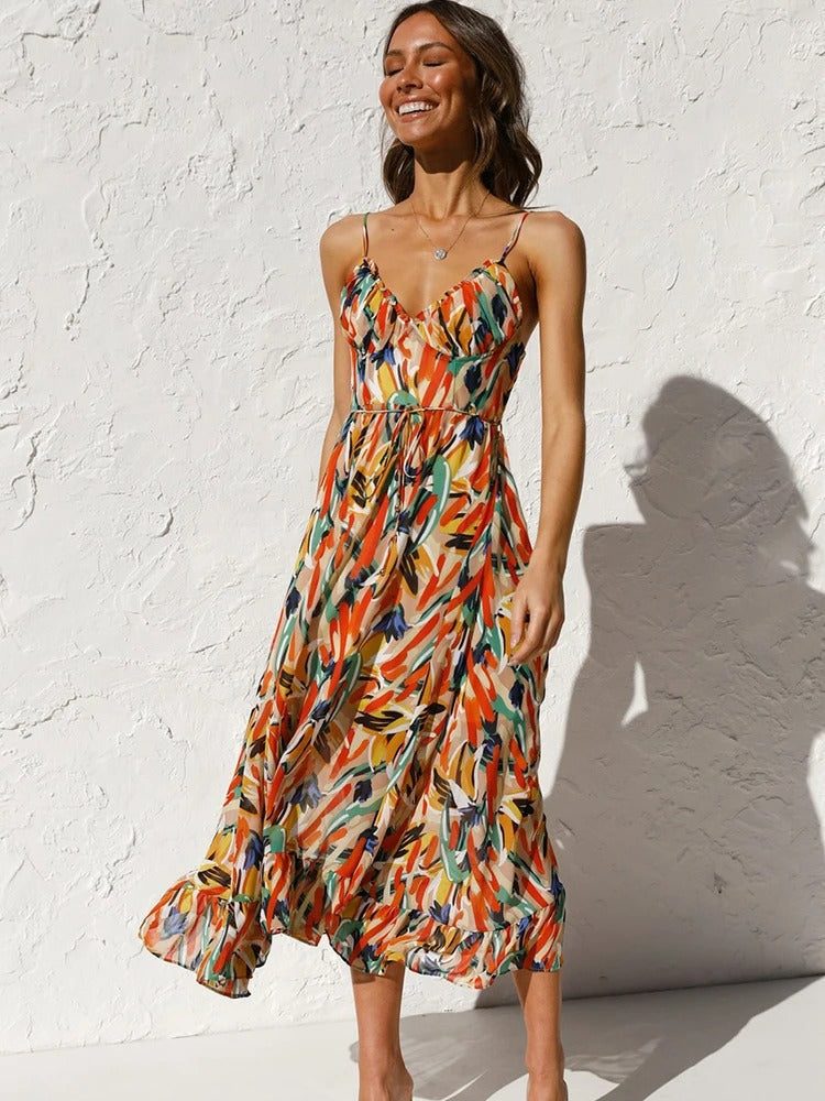 Emmeline | Printed Sleeveless V Neck Midi Dress