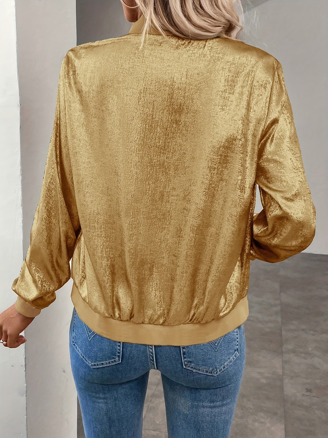 Marla | Metallic Long Sleeve Zip Bomber Jacket