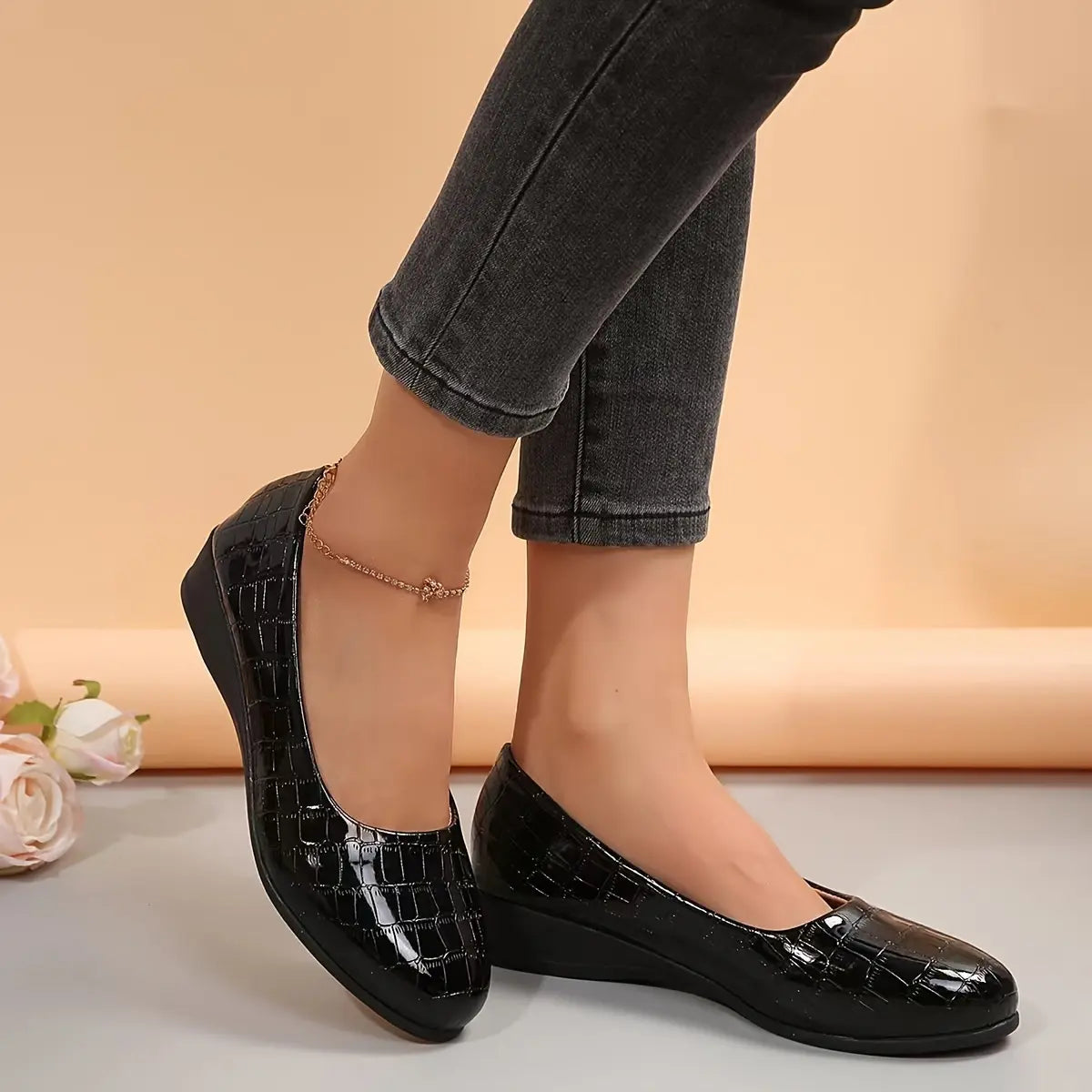 Rebekah - Wedge Slip On Crocodile Pattern Flats