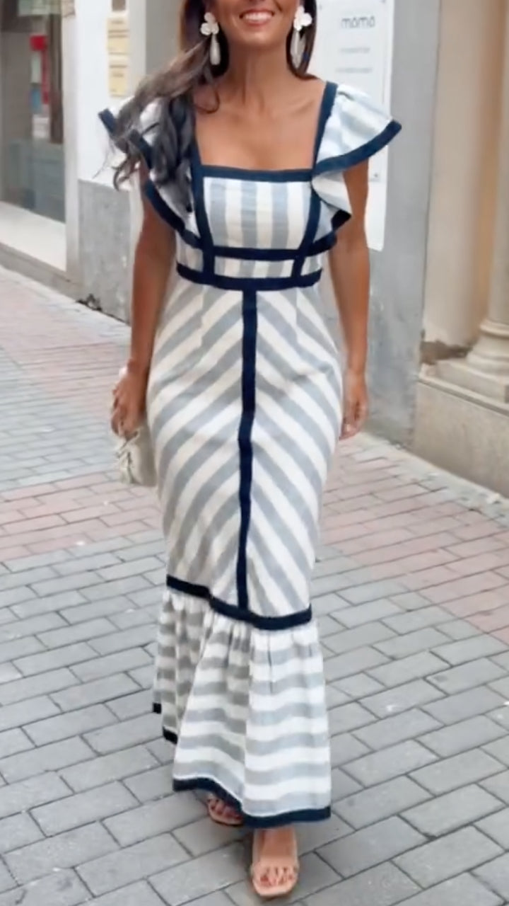 Lileeka | Striped Ruffle Sleeve Square Neck Dress