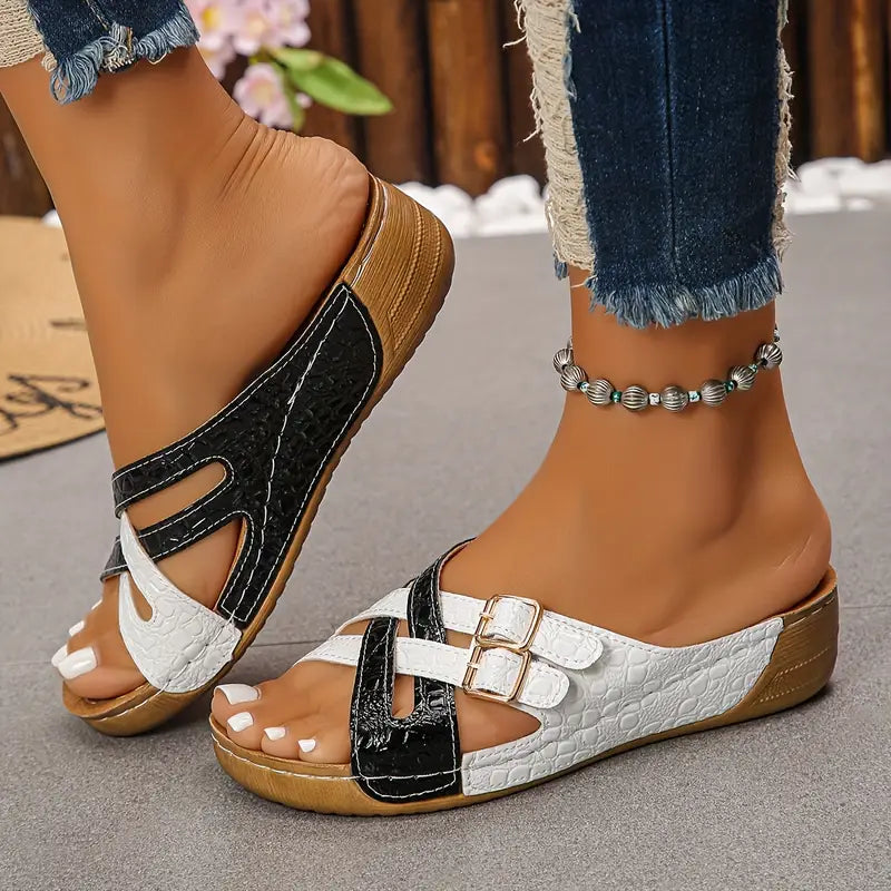 Deniza | Buckle Strap Slip-On Wedge Sandals