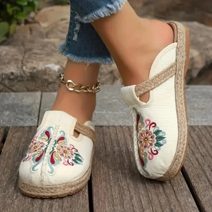 Katy | Floral Embroidered Slip-On Canvas Mules