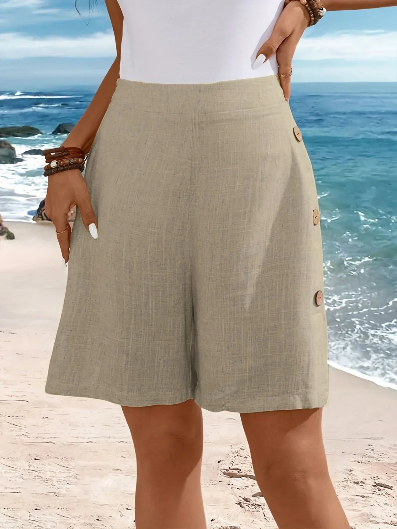Fenella | High-Waisted Button Detail Knee-Length Shorts