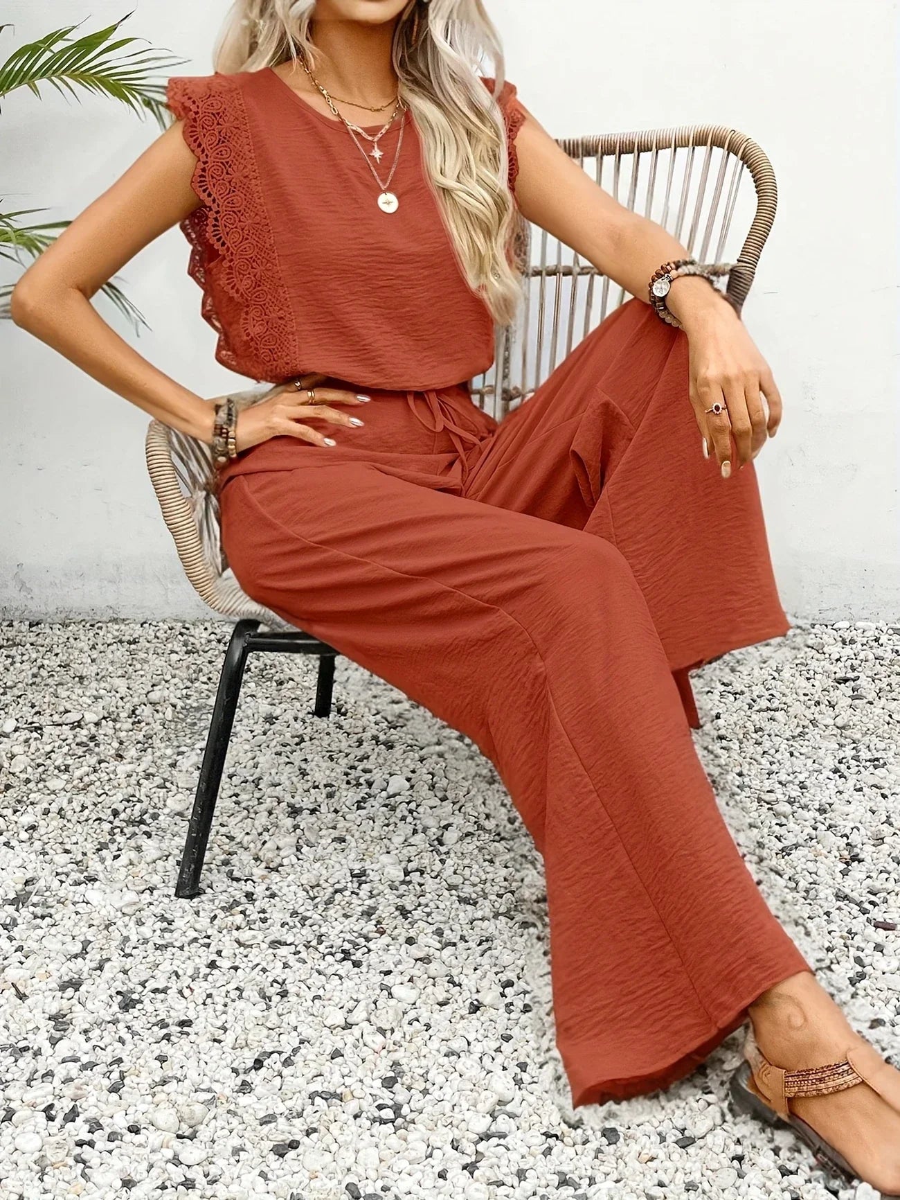 Ziva | Lace Trim Wide Leg Jumpsuit