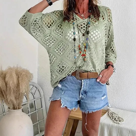 Raissa - Knitted V Neck Openwork Beach Top