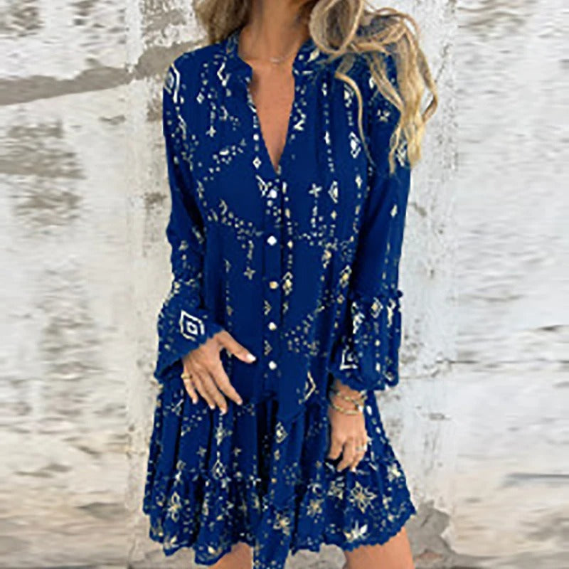 Gillian | Printed V-Neck Ruffle Dress
