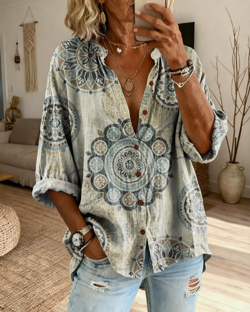 Nirita - Mandala Print Button Front Long Sleeve Shirt