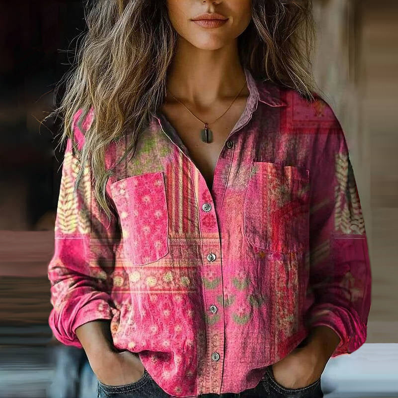 Morena | Blouse Red Printed Button Front Top