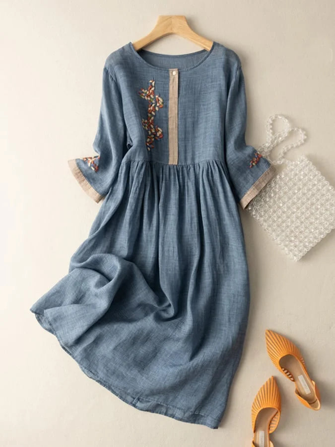Ruth - Embroidered Midi Dress Three Quarter Sleeves