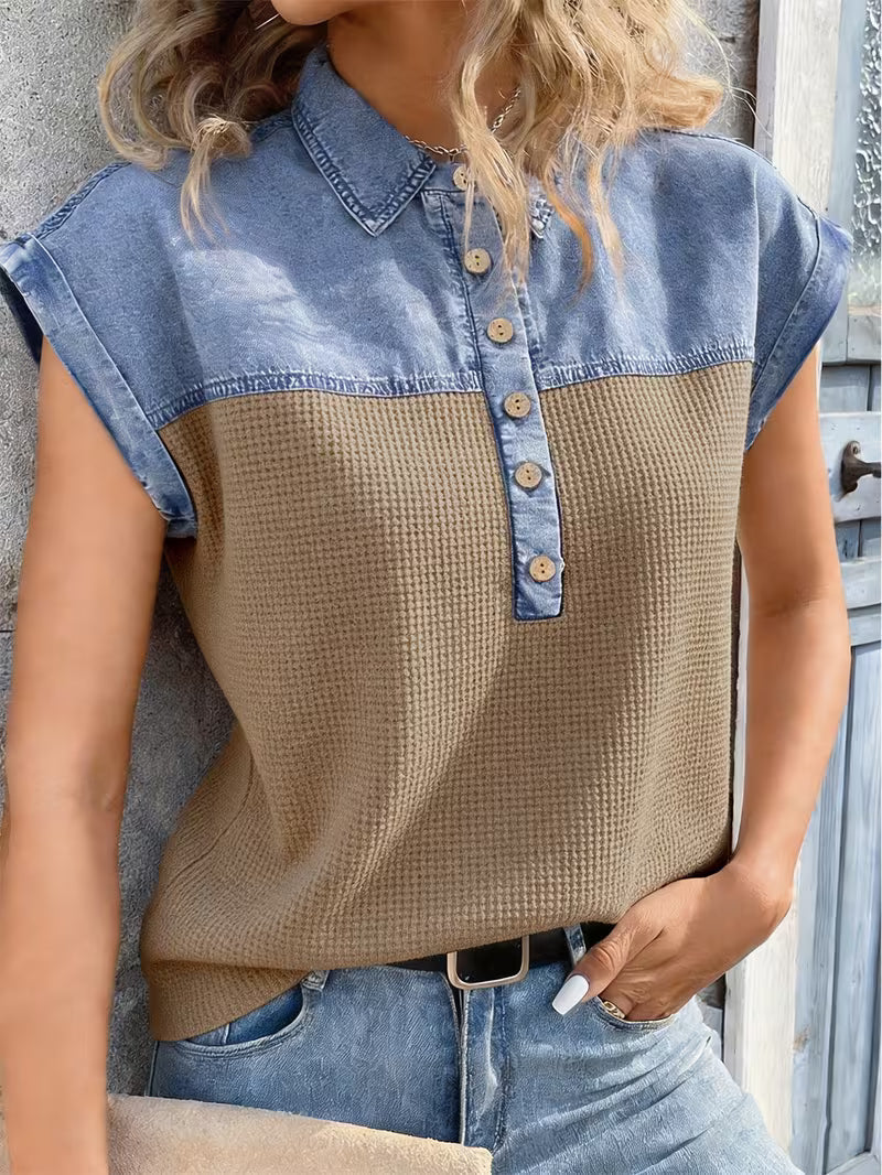 Haily | Denim Patchwork Collared Short Sleeve Top