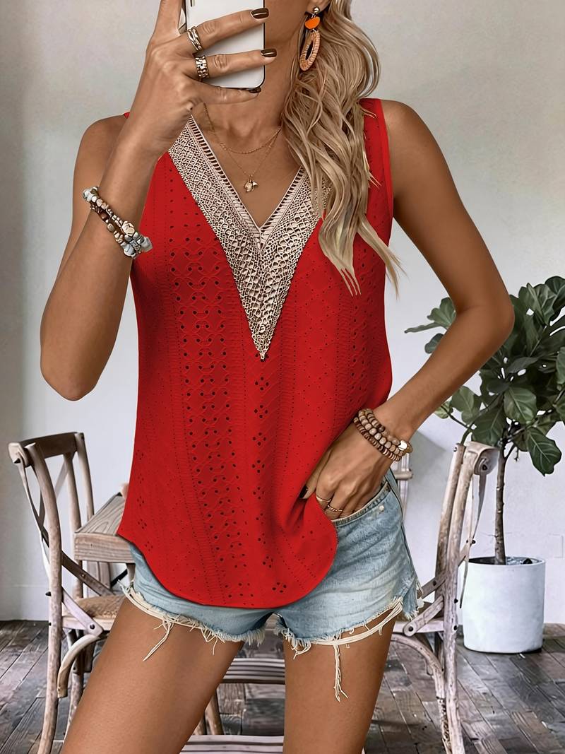 Lavinia | Top with Sleeveless Eyelet V Neck