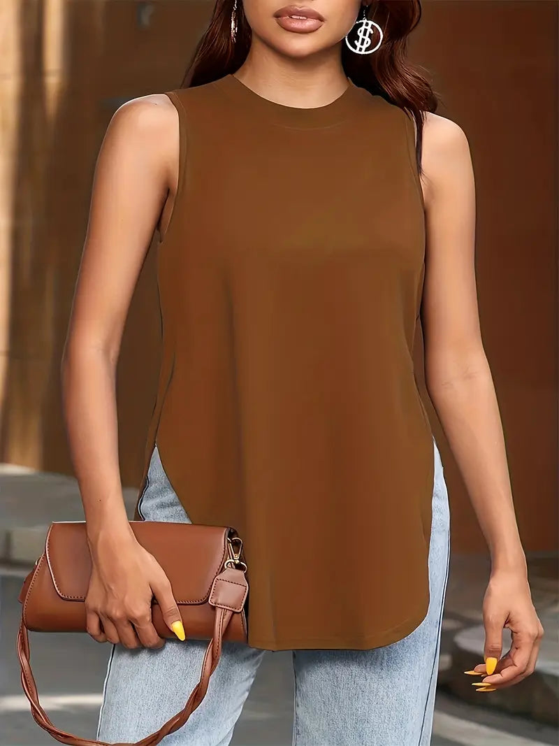 Desirae | Solid Sleeveless Crew Neck Tunic Top