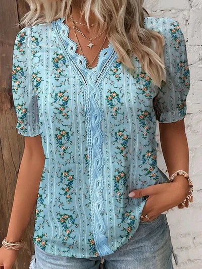Madelen | V Neck Lace Trim Pleated Blouse
