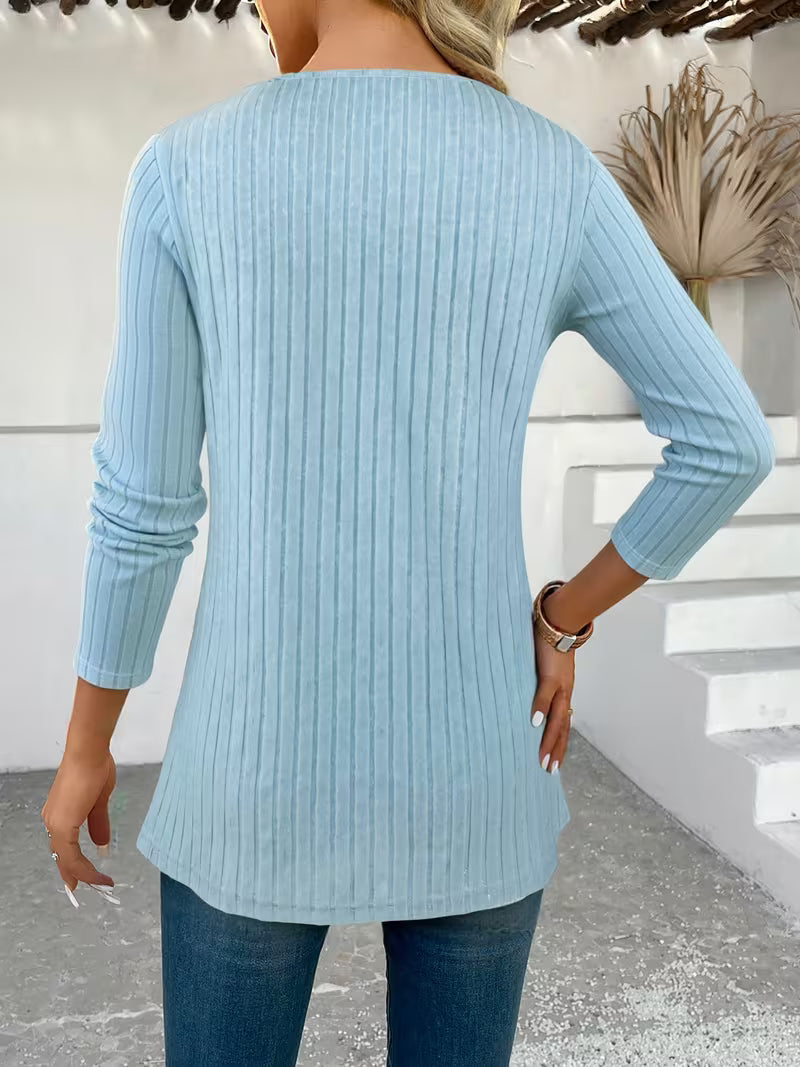 Florilitha | Ribbed Long Sleeve Printed Button Detail Top