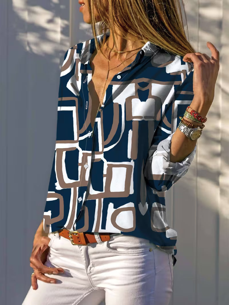 Vespia | Geometric Print Button-Up Shirt with Relaxed Fit