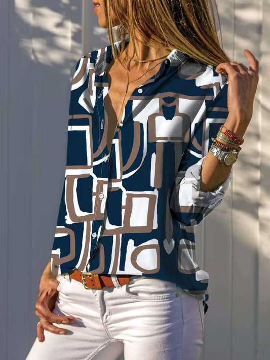 Vespia | Geometric Print Button-Up Shirt with Relaxed Fit