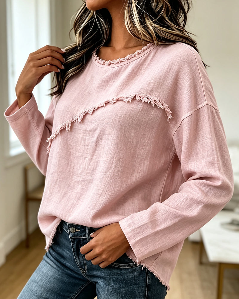 Myrtle | Blouse with Round Neck and Frayed Trim