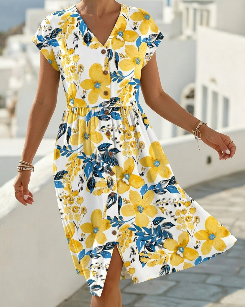 Sinera - Floral Print Short Sleeve Midi Dress