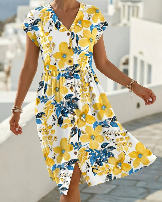 Sinera - Floral Print Short Sleeve Midi Dress