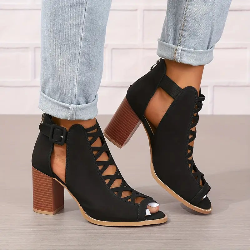 Ruzilya | Peep Toe Lace-Up Chunky Heel Sandals