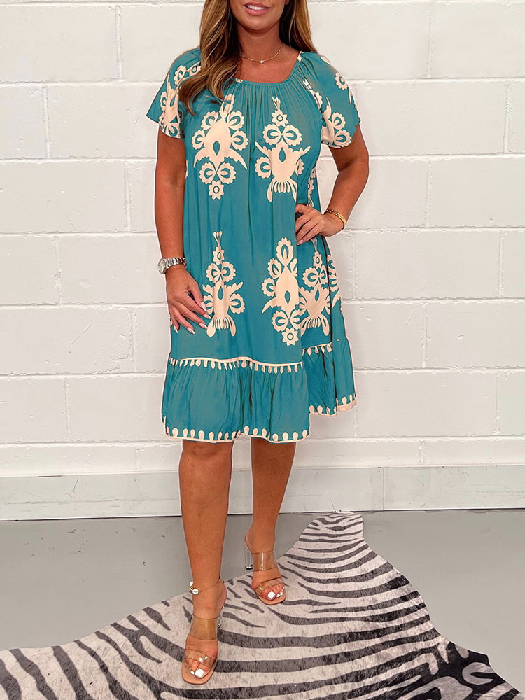 Gulfiya - Embroidered Print Round Neck Smock Dress