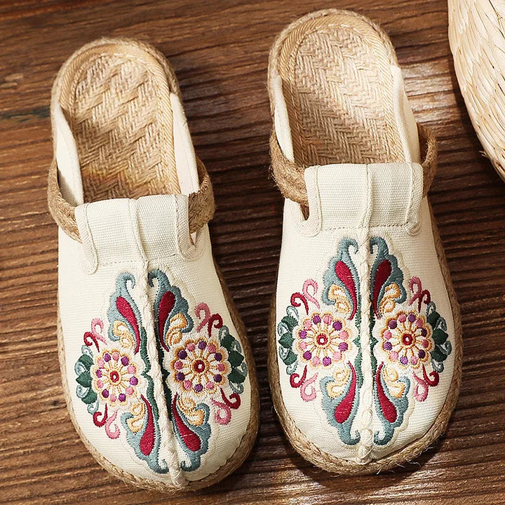 Katy | Floral Embroidered Slip-On Canvas Mules
