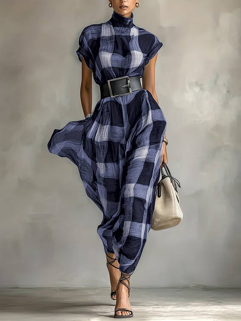 Nethara | Plaid High Neck Belted Maxi Dress