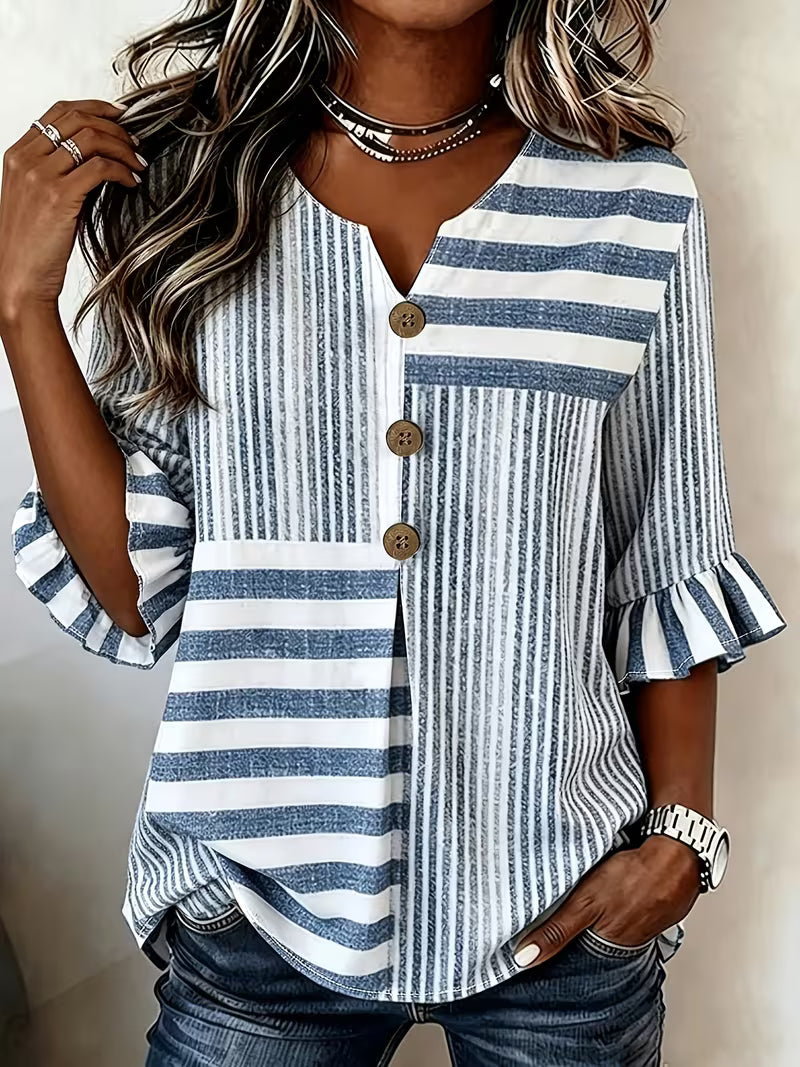 Avyra | Striped Patchwork Ruffle Sleeve Top