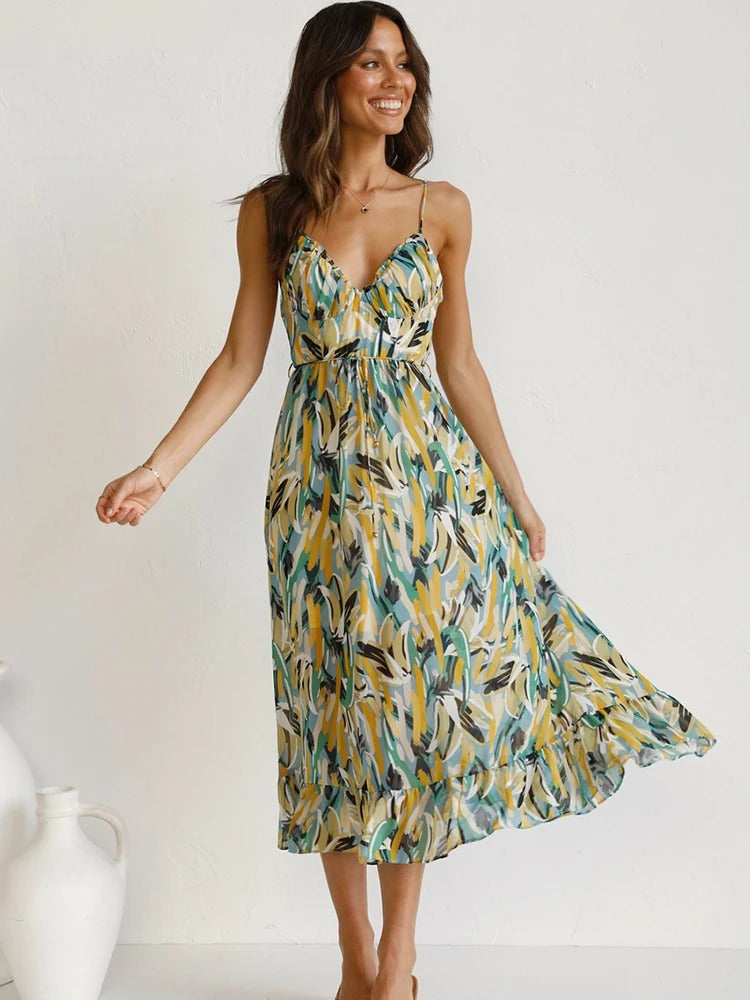 Emmeline | Printed Sleeveless V Neck Midi Dress