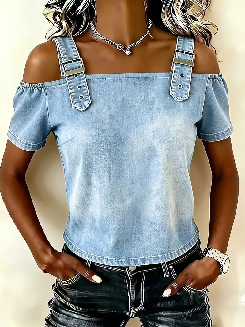 Kenya - Denim Off Shoulder Buckle Strap Top