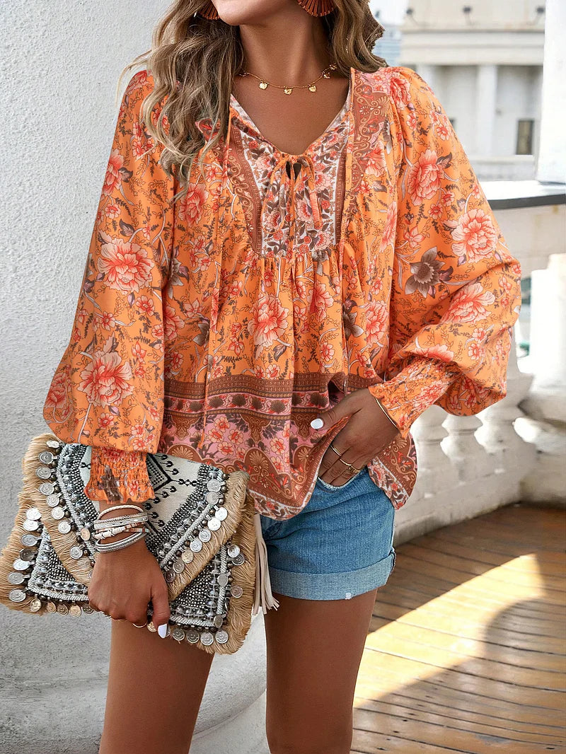 Sallie - Printed Peasant Blouse Long Sleeve Top