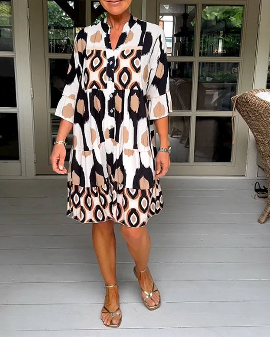 kinza | Printed V Neck Button Front Dress