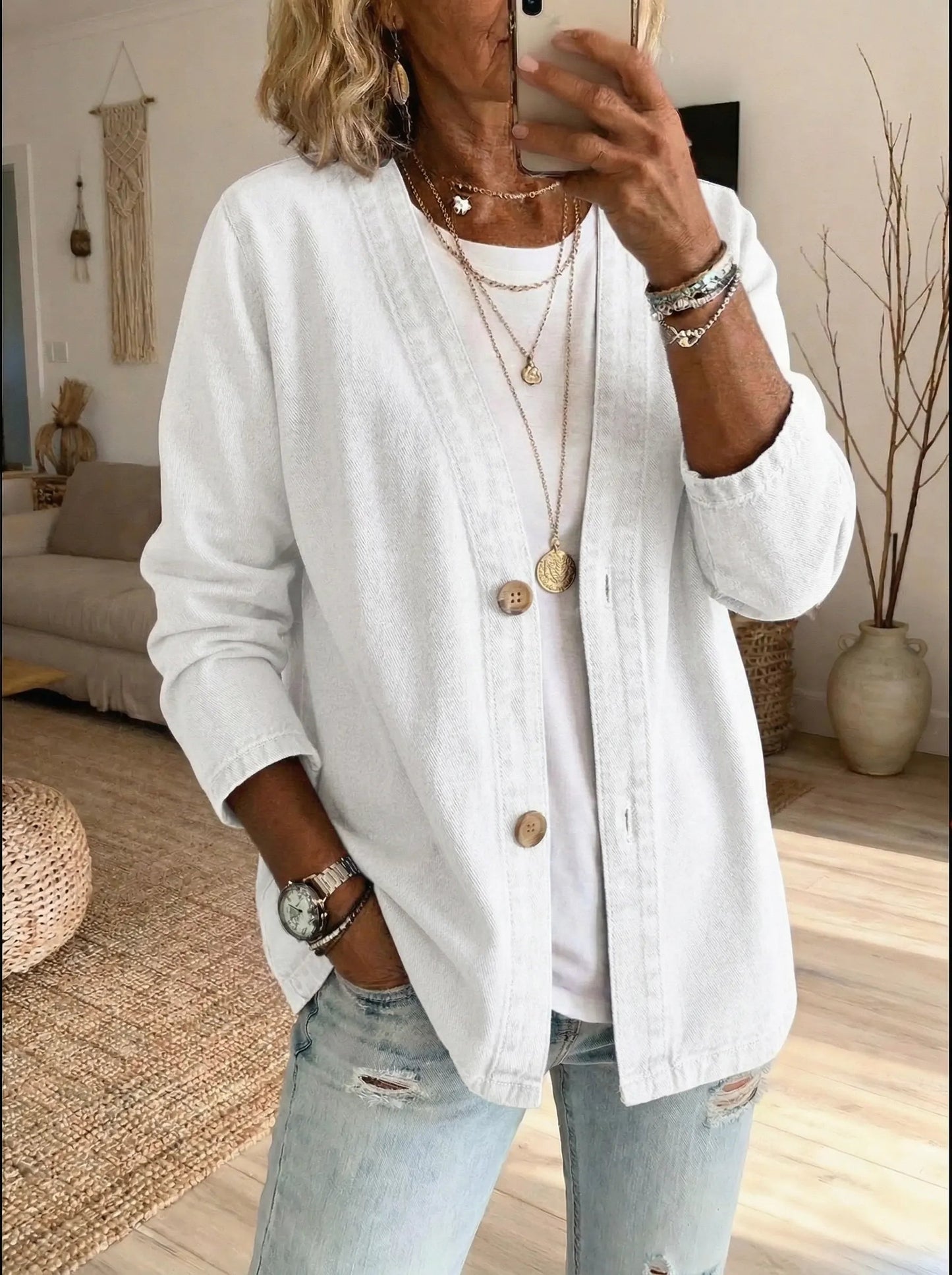 Helama | V Neck Button Front Denim Jacket
