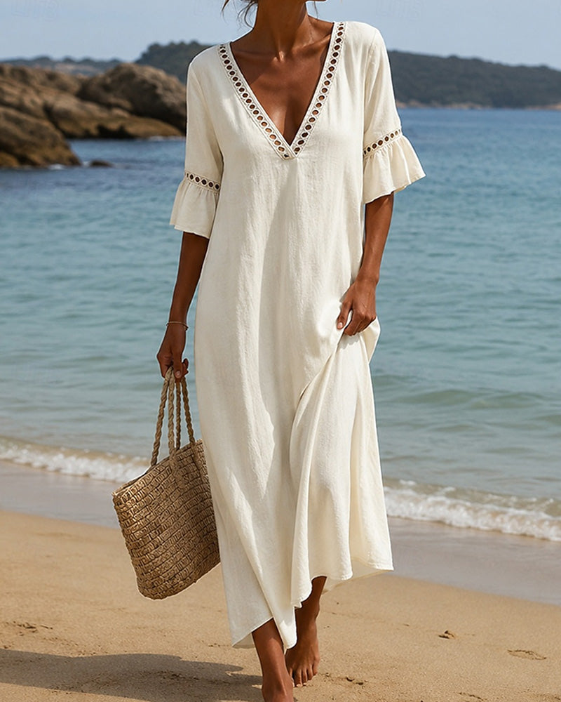 Nellina | Maxi Dress Deep V-Neck Ruffle Sleeves