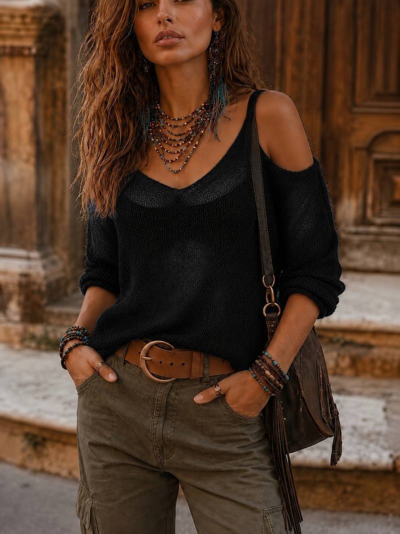 Teuila | Cold Shoulder V-Neck Knit Top