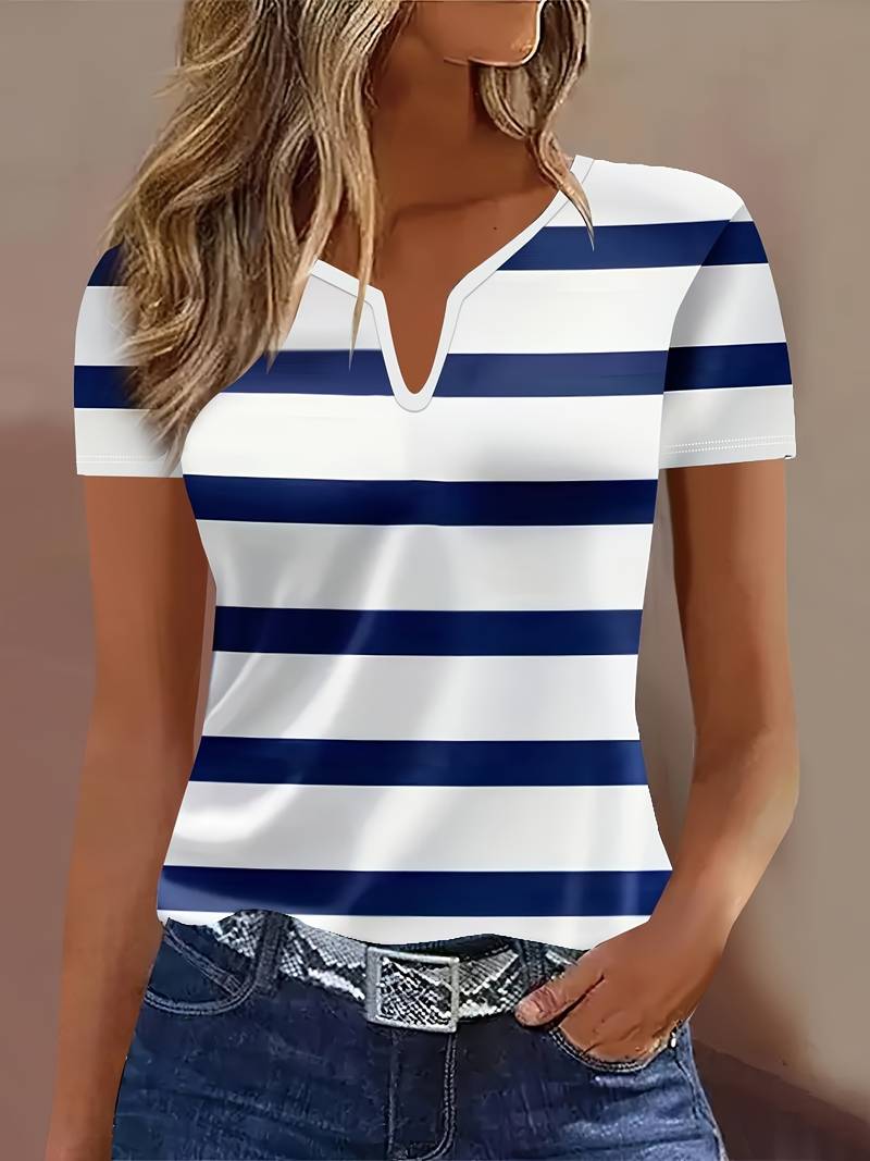 Kiley | Striped Split Neck Short Sleeve T-Shirt