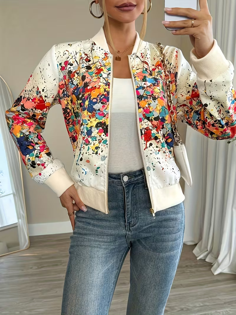 Deloova | Abstract Print Bomber Jacket with Zip Front