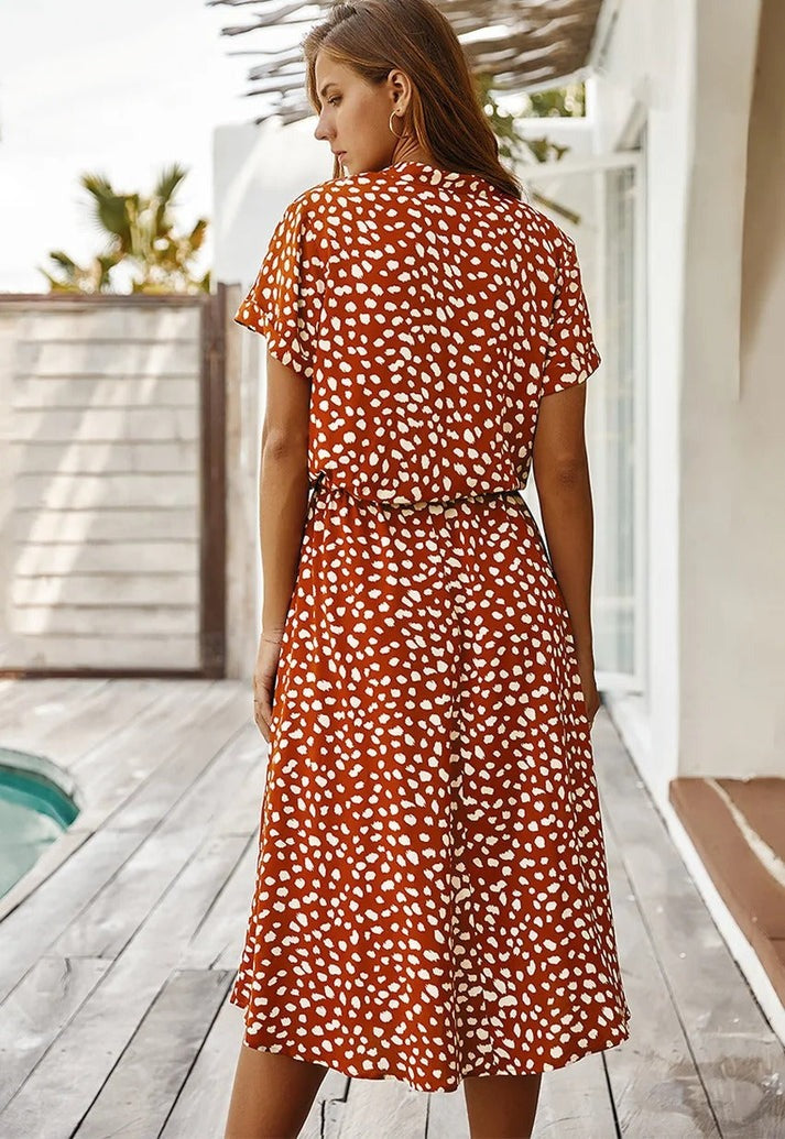 Carine | V Neck Short Sleeve Printed Dress