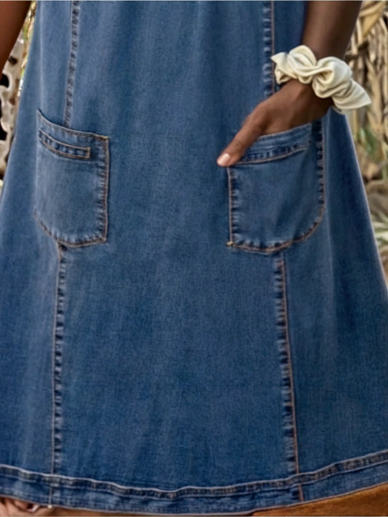Polixeni | Denim Short Sleeve Pocket Dress