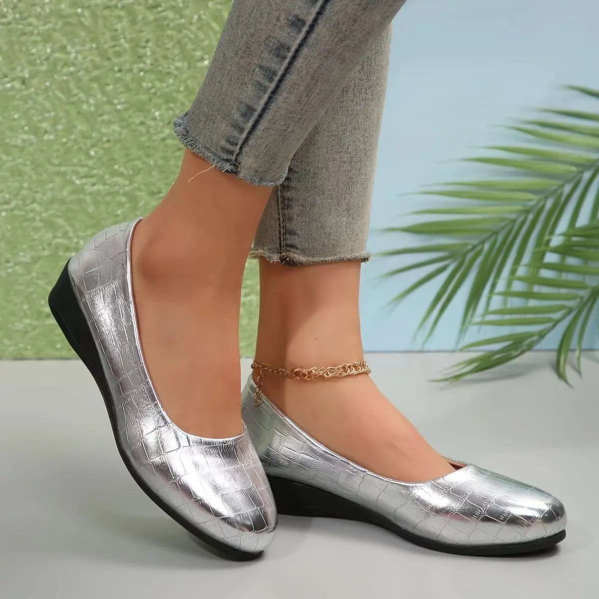 Rebekah - Wedge Slip On Crocodile Pattern Flats