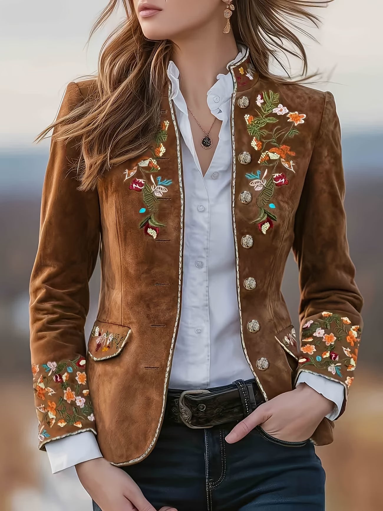 Anisaa | Embroidered Button Front Stand Collar Jacket