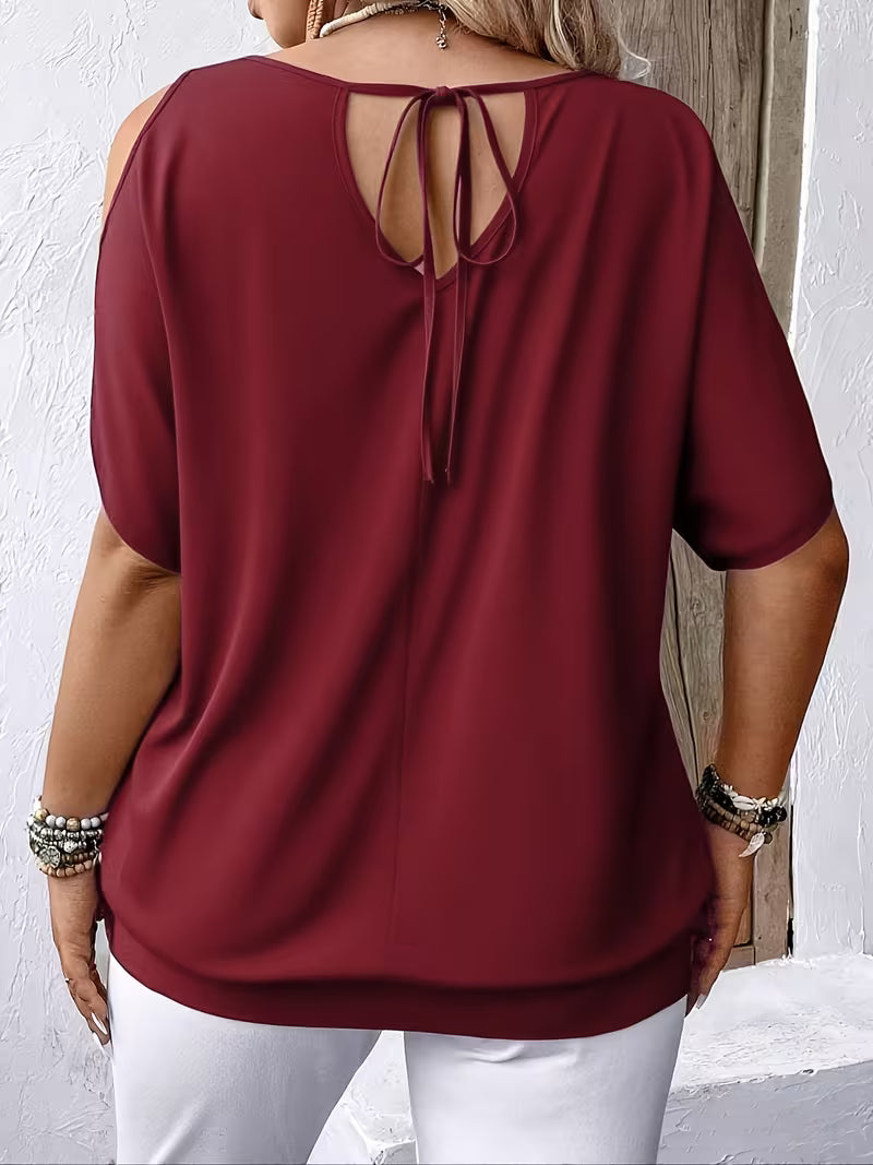 Liris | Feather Print Cold Shoulder Short Sleeve Top